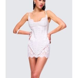 Finesse Champagne Satin Corset Top Lace Trim Boned Mini Dress Size XS LWD